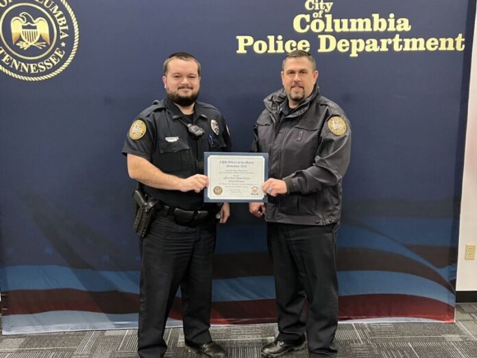 Chief Jeremy Alsup recently awarded Officer Bryant McGee with the Columbia Police Department's Officer of the Month for November 2022.