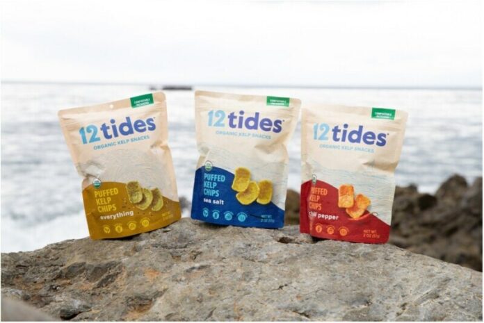 12 Tides plant-based, nutrient-dense, organic puffed kelp chips are crafted from kelp grown on North American ocean farms.