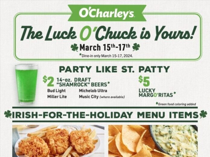 March at O’Charley’s is Double the Luck, with “Pi” Day Offer on March 14 and Special St. Patrick’s Menu on March 15-17